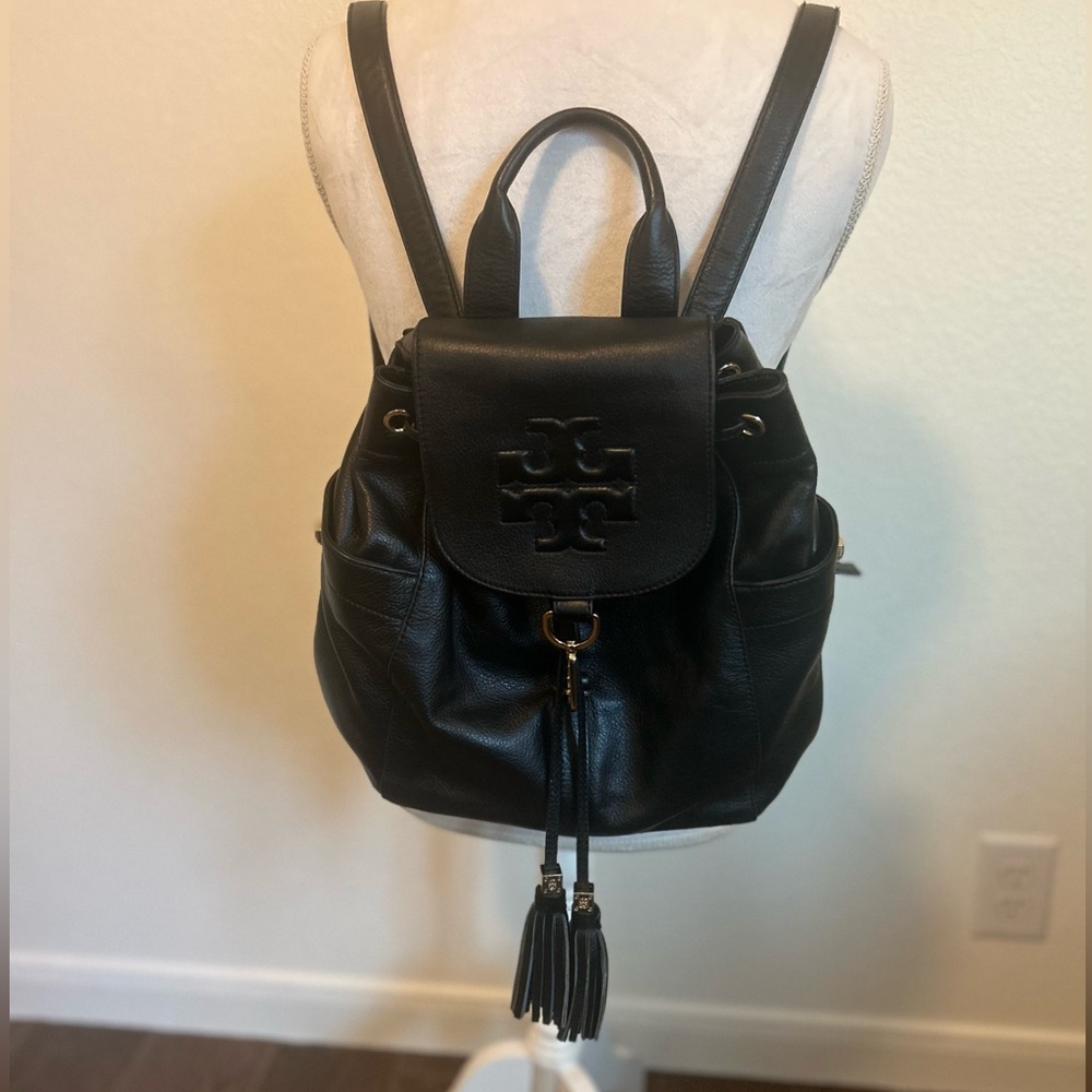 Tory Burch Black Leather Logo Drawstring Backpack